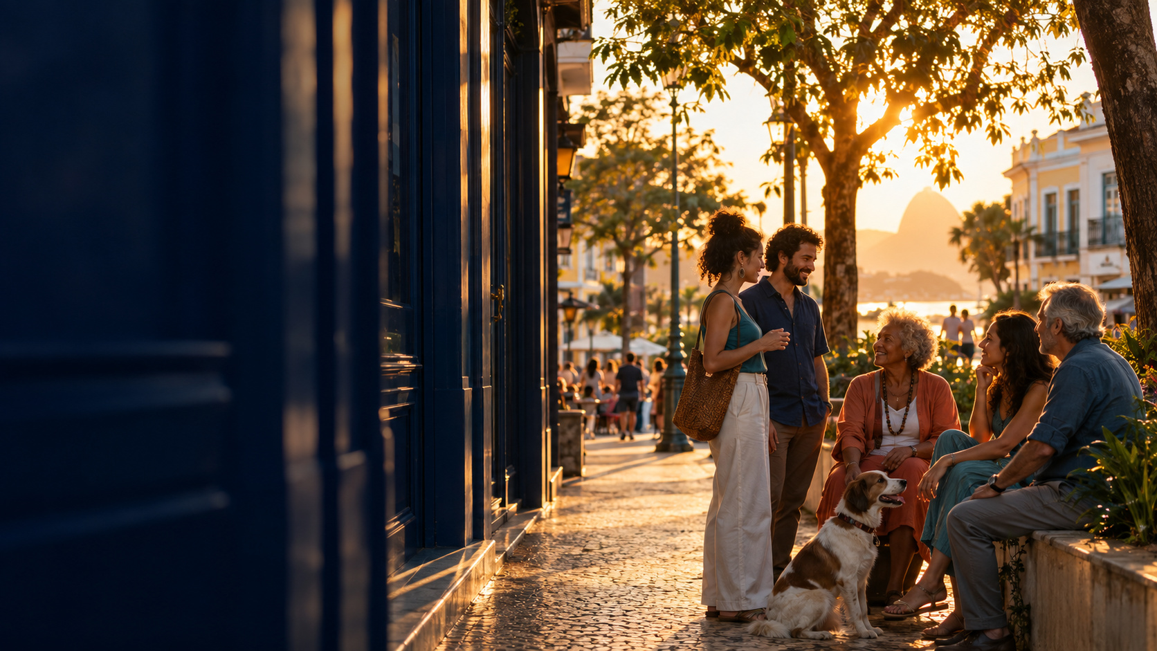 Pessoas de diferentes gerações conversam em uma praça ao fim da tarde.